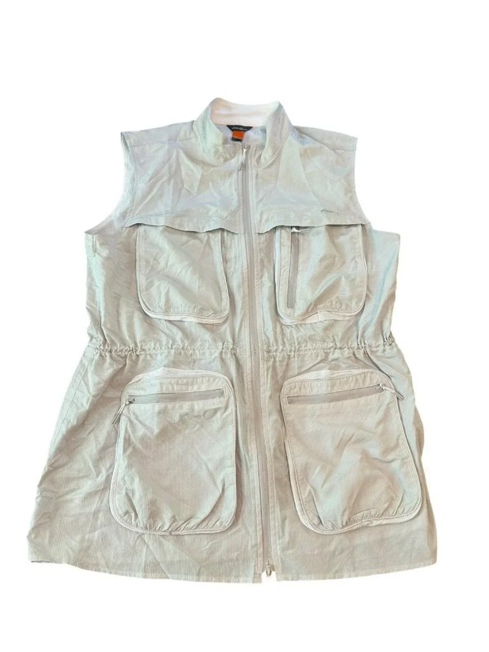 Eddie Bauer Vest Womens XL Cream Travel Safari Utility Fishing Pockets Logo Fish - Picture 1 of 6